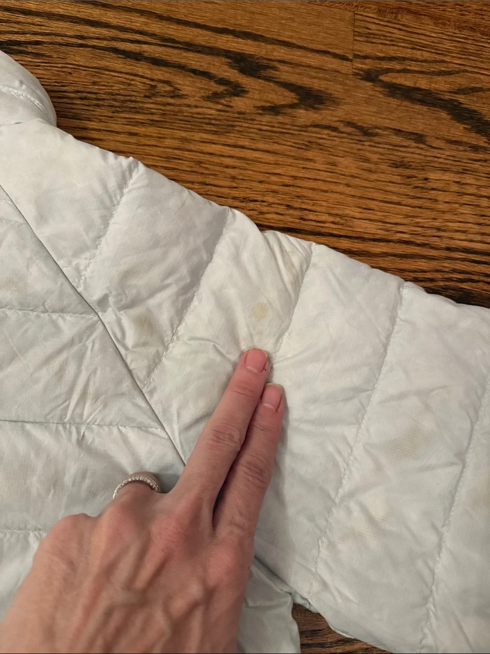 Patagonia Kids Light Gray Quilted Puffer Jacket, yellow inside.